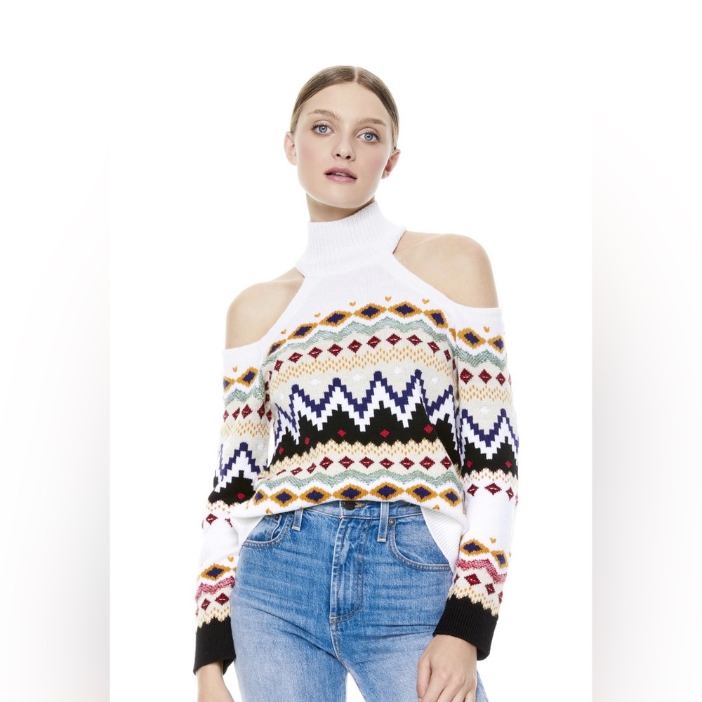 ALICE + OLIVIA LEORA FAIRISLE TURTLENECK COLD SHOULDER SWEATER